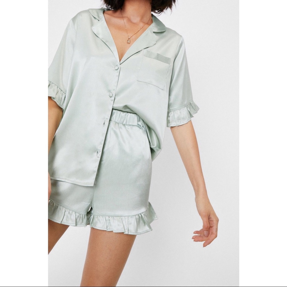 Nasty Gal Satin Ruffle Pajama Shirt And Shorts Set